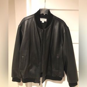 Black leather bomber jacket by Calvin Klein